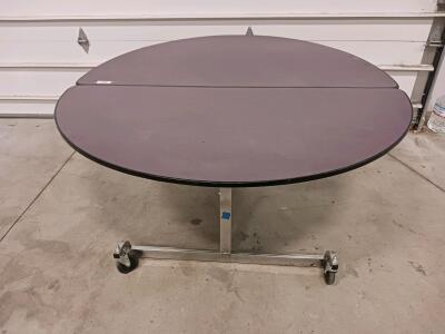 60" Mobile Round Folding Cafeteria Table, Purple Laminate Top, Chrome Base, 8 Seat, 4 Casters
