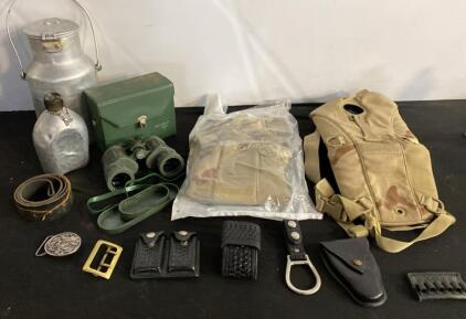 Mixed Military & Police Surplus Lot - Binoculars, Canteen, Leather Gear, Ammo & Hydration Packs (E)