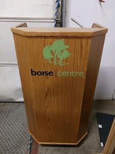Boise Centre Wood Podium Lectern, Integrated Gooseneck Mount, 46&rdquo; Tall, Storage Shelf