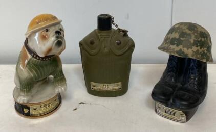 Jim Beam Military Decanter Collection: Devil Dog Bulldog, Canteen & Army Boots, 1970s, 4/5 Qt ( D)