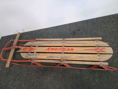 Vintage "American" Wooden Snow Sled with Red Runners &mdash; 54" Long, Wood/Steel Construction (connex 6)
