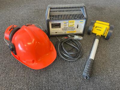 NAPA 85-447 Battery Charger, Stanley Measuring Wheel, Orange Hard Hat w/ Earmuffs, Lot of 3 (C)