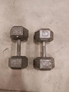 Pair of 45 lb Hex Dumbbells &ndash; Cast Iron, Knurled Steel Handles, Bare Metal, Moderate Wear