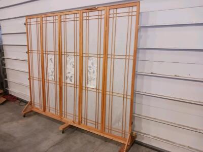 4-Panel Shoji-Style Folding Room Divider with Wheels, Light Wood Frame, Floral Inserts
