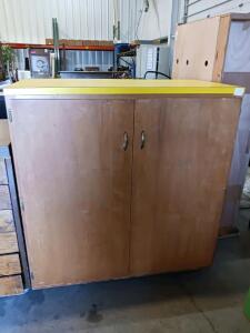 Mid-Century Storage Cabinet with Yellow Laminate Top, Wood Finish, 2 Doors, ~48"x24"x36"