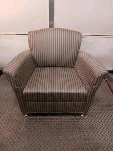 Striped Upholstered Armchair, Brown/Tan Fabric, Metal Legs, Flared Back, Wide Padded Arms