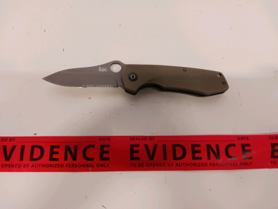 HK Folding Knife, Tan Handle, Partially Serrated Blade, Lanyard Hole