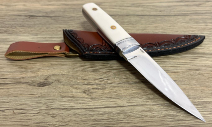 R.W. Loveless Drop Point Fixed Blade Knife with White Micarta Handle and Leather Sheath