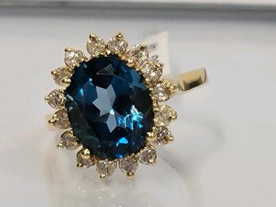 14K Yellow Gold Blue Topaz and Diamond Cluster Ring, 5.96 ct Center Stone, 0.64 ct Diamonds