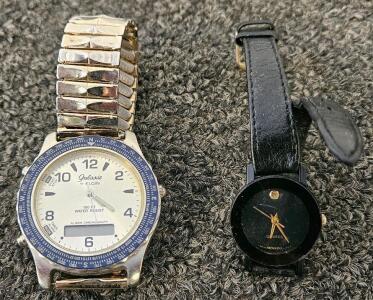 Elgin Galaxie Alarm Chronograph Watch W1076 & Movado Museum Quartz Ladies Watch Black Leather