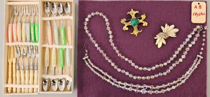Vintage Aurora Borealis Triple Strand Necklace, Vintage Sheffield England Cutlery Sets