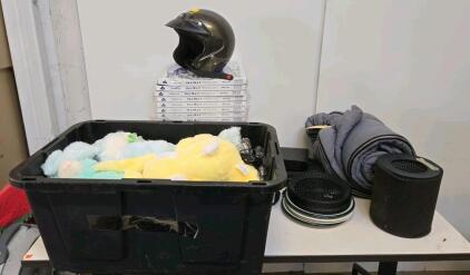Magnavox MDV2300 DVD Player, OtterBox Case, Plates, Burmax Mannequin, Sleeping Bag Lot shelf b