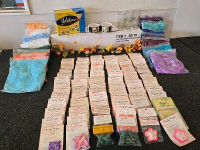Mixed Lot: Pretty Petals Silk Flowers, Yahtzee Game, Glassware, and Decor