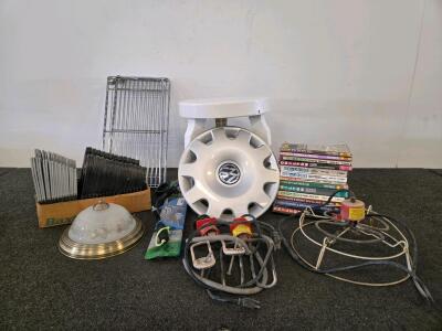 Mixed Lot: Vintage Vehicle Manuals, Tank Heaters (Tested), Ceiling Light, Sewer Hose Holder, Shelving Racks, Small Table, & More