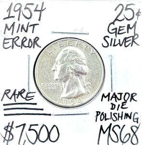 1954 Washington Quarter Silver Major Die Polishing Mint Error, MS68, Rare Gem