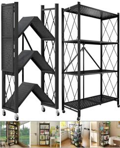 BRIGHTSHOW 4-Tier Foldable Metal Storage Shelf, 28" x 14" x 50", 190 lbs Per Shelf Capacity