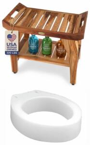 EcoDecors Tranquility 24&rdquo; Teak Shower Bench + Compass Health 4.25&rdquo; Raised Toilet Seat