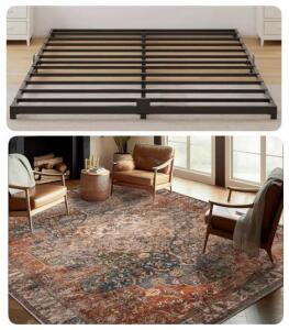 3&rdquo; Full Size Metal Bed Frame And Chalmer 9&rsquo;x12&rsquo; Washable Rug