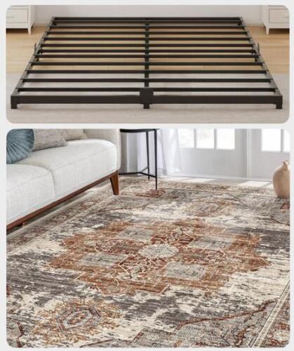 Queen Metal Platform Bed Frame + 9'x12' Area Rug Distressed Medallion