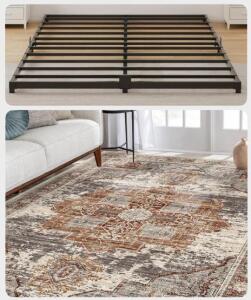Queen Metal Platform Bed Frame + 9'x12' Area Rug Distressed Medallion