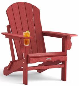 Cloudeep Outdoor Folding Adirondack Chair Red HDPE, Folding, Cup Holder, 25-Year Lifespan