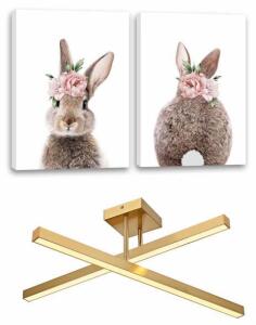 Canvas Wall Art Set Bunny Flower Crown & Gold 24W Ceiling Mount LED Light Fixture