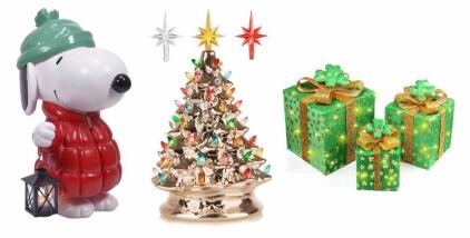 Snoopy Holiday Figure, Gold Ceramic Tree w/ Lights, St. Patrick's Day LED Gift Boxes (Set of 3)