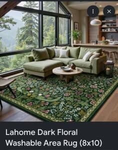 Lahome 8x10 Dark Floral Washable Area Rug, Non-Slip, Stain Resistant, Low Pile, Green