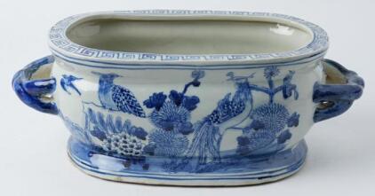 Vintage Blue and White Flower & Birds Porcelain Footbath Planter Chinoiserie Scenery Motif Ceramic Flower Pot (Vintage Blue)