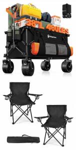 Originsure Heavy Duty Folding Wagon 460lb Capacity w/2 Black Folding Chairs, Large 7.69 cu ft