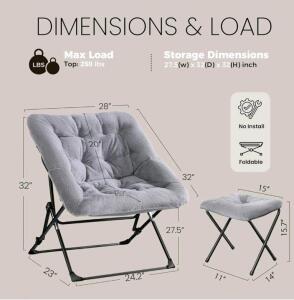 Light Grey Folding Leisure Chair with Ottoman, Metal Frame, Plush Upholstery