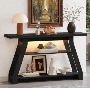 Tarnorci 3-Tier Console Table with LED Lighting, Black Finish