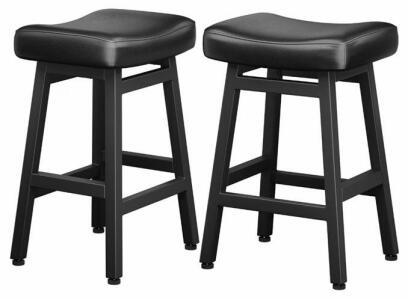 RONESYS All Black Leather Upholstered Saddle Barstools, 24" Seat Height, Set of 2, Steel Frame