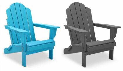 (2) Foldable HDPE Adirondack Chairs, Dark Grey & Blue, 400 lbs Capacity, All-Weather Resistant