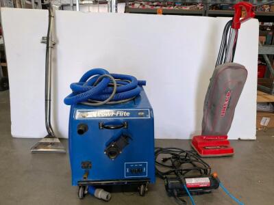 Powr-Flite Commercial Carpet Extractor w/ Wand, HF 2000 Heater, Oreck U2000R-1 Vacuum( all powered on) (connex 1)