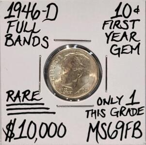 1946-D Roosevelt Dime MS69FB, Full Bands, First Year Issue, Original Patina