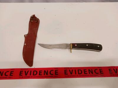 Fixed-Blade Hunting Knife 4.5" Blade, Wood Handle, Brass Guard, Leather Sheath