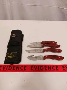 Browning RMEF 4-Piece Hunting Knife Set, Satin Stainless, Laminated Wood Handles, Nylon Case