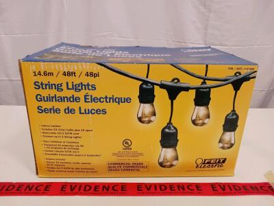 Feit Electric 48 ft LED String Lights, 24 Sockets, 26 Bulbs, 1W Each, Black Cord