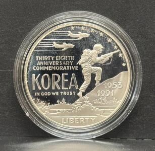 1991 Korean War Memorial Proof Silver Dollar, U.S. Mint, 90% Silver, Box & COA