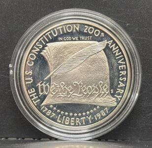 1987-S US Constitution Bicentennial Silver Dollar Proof Coin, 0.900 Fine, Box & COA