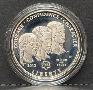 2013 Girl Scouts Centennial Proof Silver Dollar, U.S. Mint, 90% Silver, Box & COA