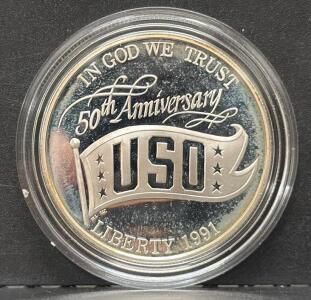1991 USO 50th Anniversary Silver Dollar Proof Coin, San Francisco Mint, Box & COA, KM#233