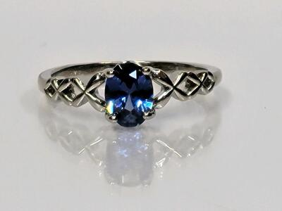 Blue Sapphire Oval Cut Faceted Ring, Size 10