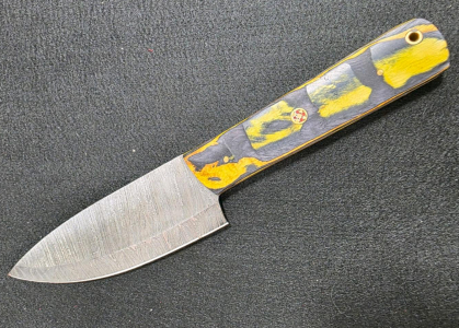 Custom Damascus Fixed Blade Knife, 10" Overall, Mosaic Pin, Yellow/Black Handle, Full Tang