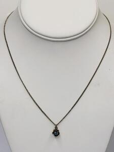 Vintage Brass Flower Pendant Necklace with Blue Gemstone, Spring Ring Clasp