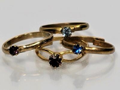 Set of 4 Vintage Gold Plated Adjustable Gemstone Rings, Blue & Purple Stones, Prong Setting