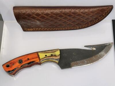 Fixed-Blade Hunting Knife with Gut Hook, Drop Point, Mosaic Pin Handle, Tooled Leather Sheath
