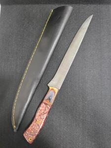 Custom Damascus 14" Steel Fillet Knife with Stabilized Wood Handle and Leather Sheath