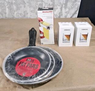 (1) 3-Piece Nonstick Frying Pan Set, (1) Pasta Roller Attachment For KitchenAid Stand Mixers & (2) Corkcicle Whiskey Wedge & Glass Set